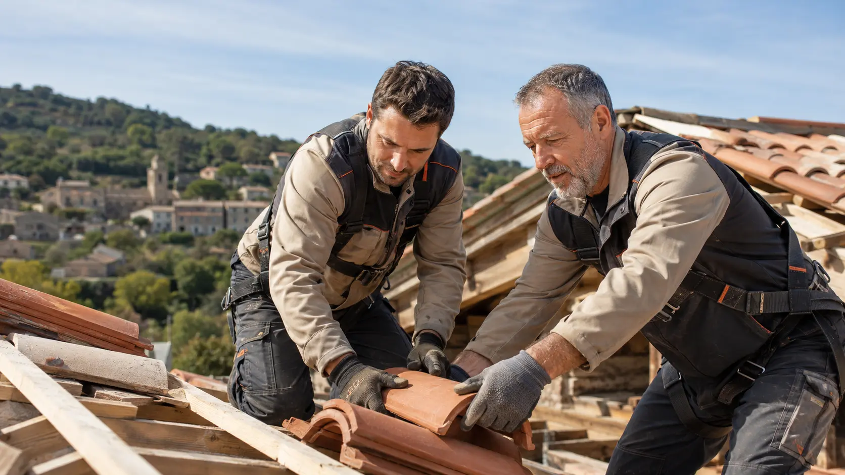 Bernard et son fils rénovent une toiture traditionnelle