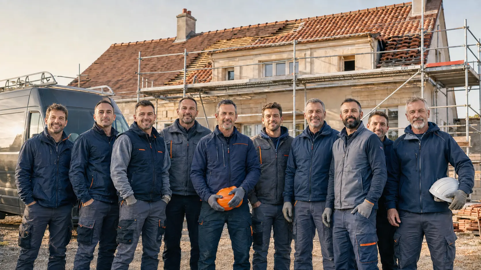 L’équipe familiale Bernard et Fils devant un chantier de couverture